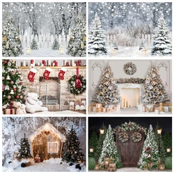 Christmas Photography Backdrop White Brick Fireplace Bear Xmas Tree Backgrounds Children Kids Family Holiday Party Decor Banner