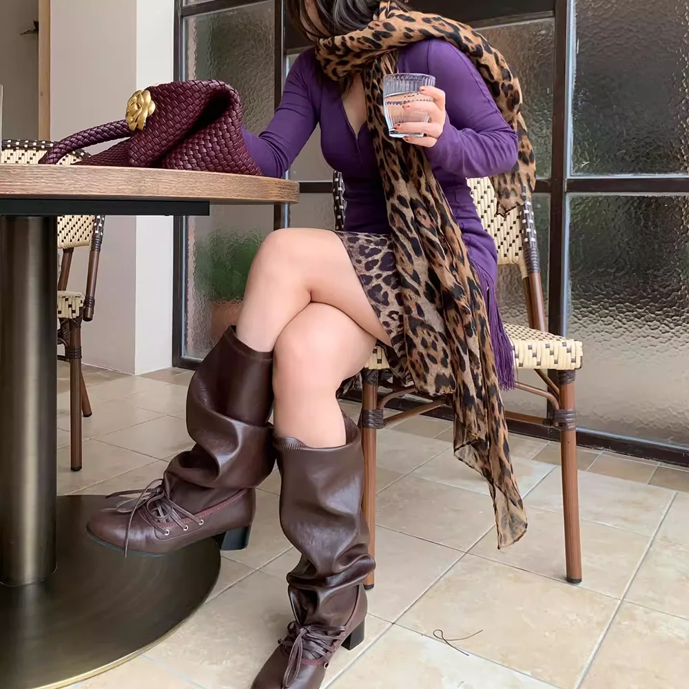 

Chocolate Brown Slouchy Leather Knee-High Boots Retro Lace-Up Detail Block Heel Casual Style Autumn Warm Relaxed Lady Boots