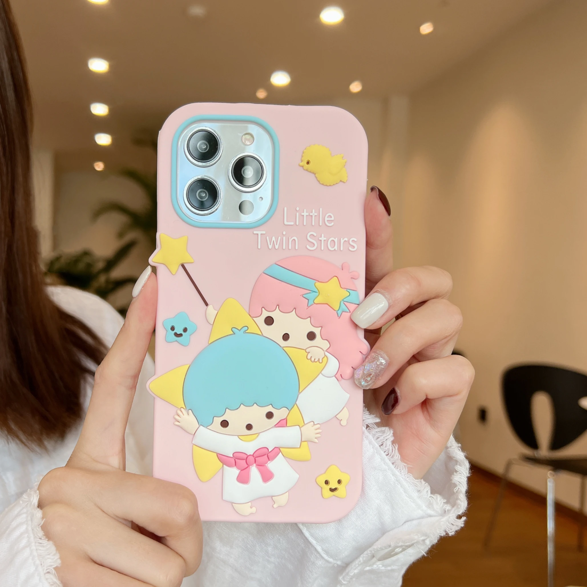 Cartoon Little Twin Stars Soft Silicone Case For iPhone 15 Pro 14 13 Pro Max 12 11 Sanrio Cute Pink Cover