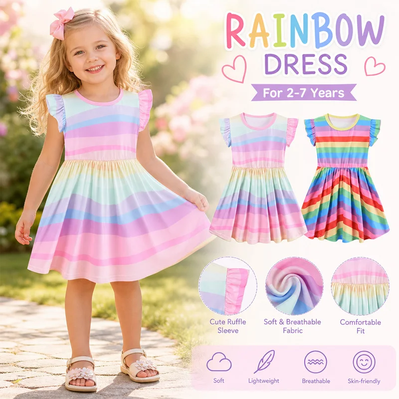 Little Hand Girls Short Sleeve Swing Dress Toddler Ruffle Flutter Sleeve Rainbow Stripe Summer Casual Princess Dresses for 2-7T