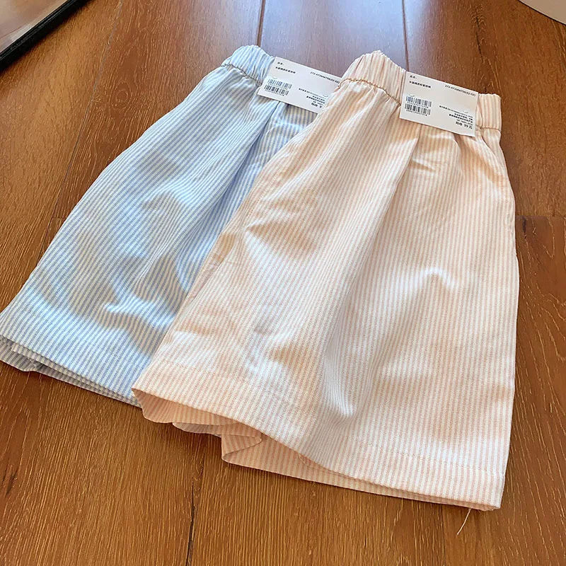 Classic Cotton Casual Shorts For Women 2025 Summer New Style Elastic Waist Loose Fit Wide Stripe A-line Wide-leg Pants