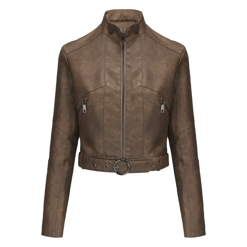 ZXRYXGS-Veste de moto en cuir PU pour femme, manteau court, manches longues, fermeture éclair, ceinture, qualité supérieure, tendance, nouveau, 2024