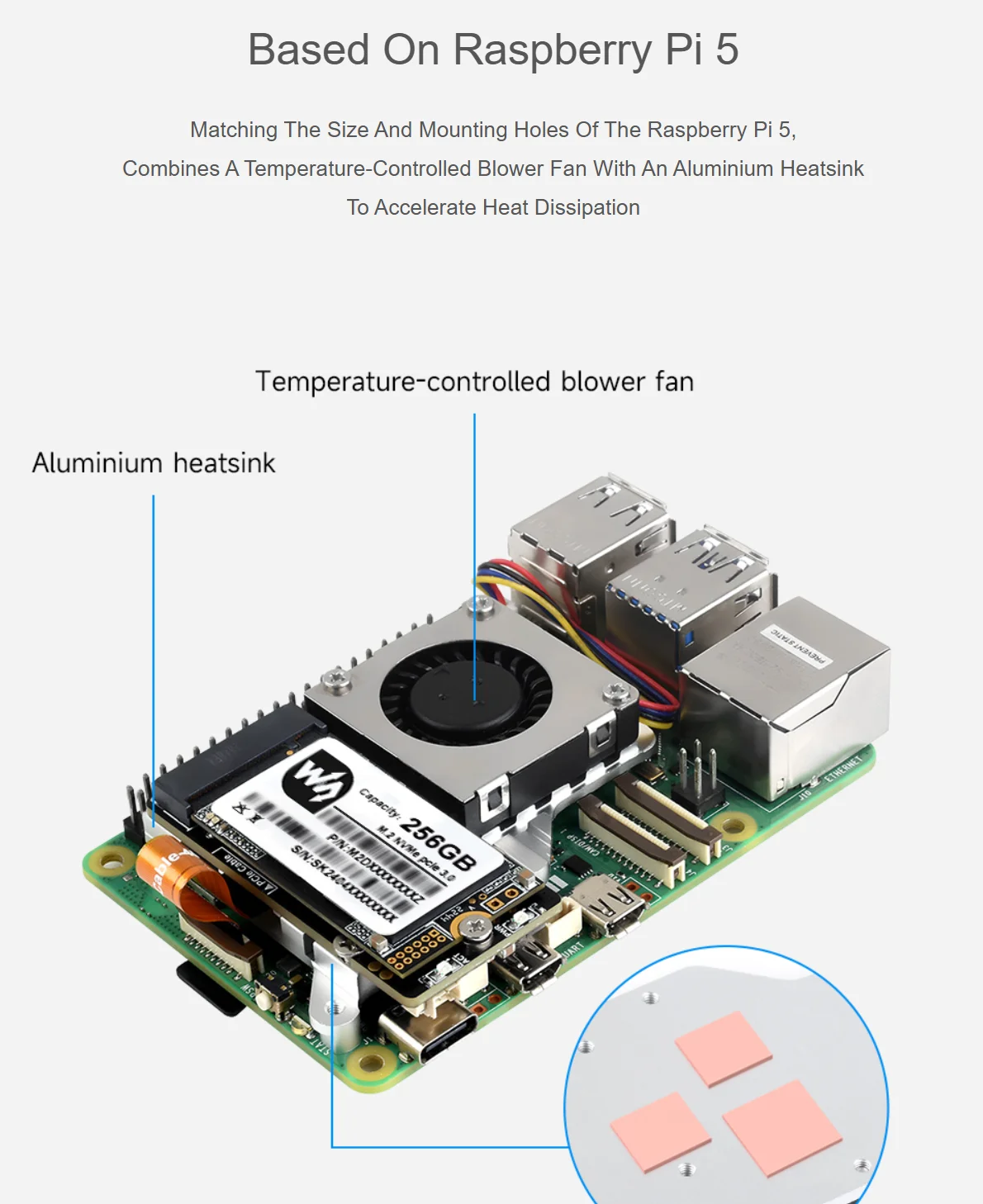 Placa adaptadora PCIe a M.2 (E) para Raspberry Pi 5, con ventilador de refrigeración, compatible con protocolo NVMe de tamaño 2242/2230 SSD M.2