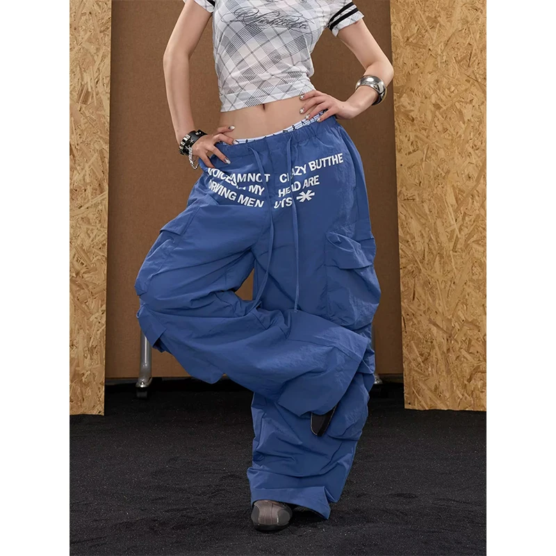 Women American Style Multi Pocket Cargo Pants Blue Letter Print Trousers Lady Wide Leg Loose Fit Trendy Casual Street Trousers