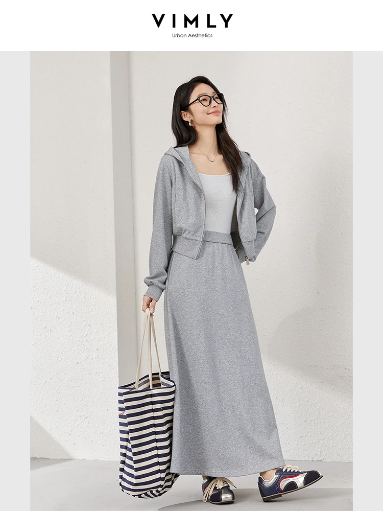 VIMLY Women\'s Office Lady Skirt Set 2026 Spring Simple Casual Hooded Cardigans Coat+Straight Long Skirt Sporty Two Piece Sets