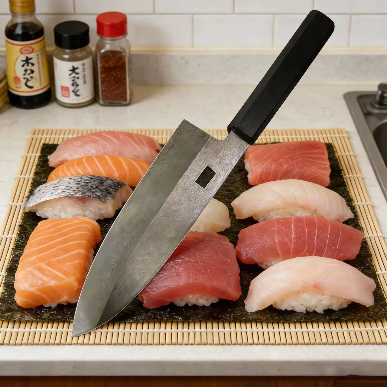 

8 Inch Deba Knife Single-edged Blade Handmade Damascus Steel Cleaver Sashimi Slicing Sushi Ebony Handle Kitchen Knife With Cover