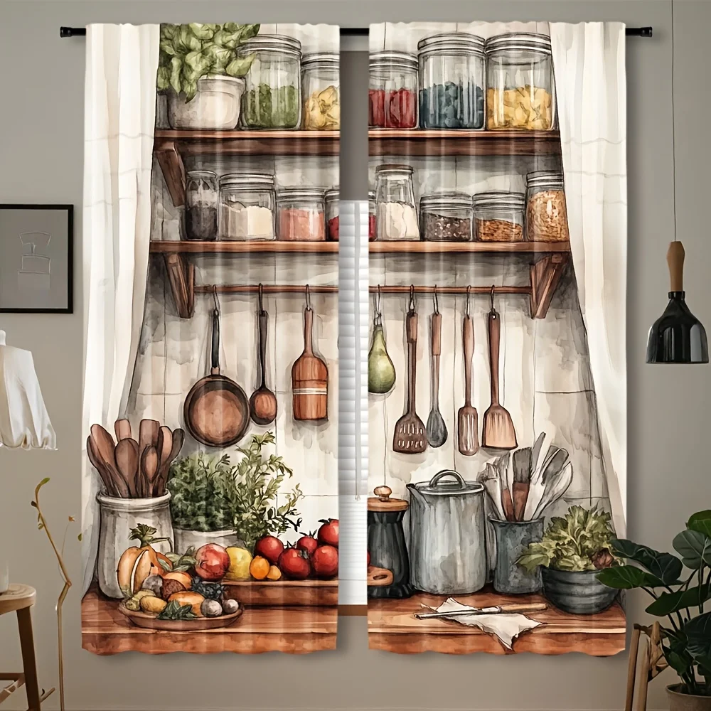 Warm Kitchen Blackout Rod Pocket Curtain Watercolor Spice Jar Cookware Fresh Veggie Herb Print Farmhouse Kitchen Window Decor