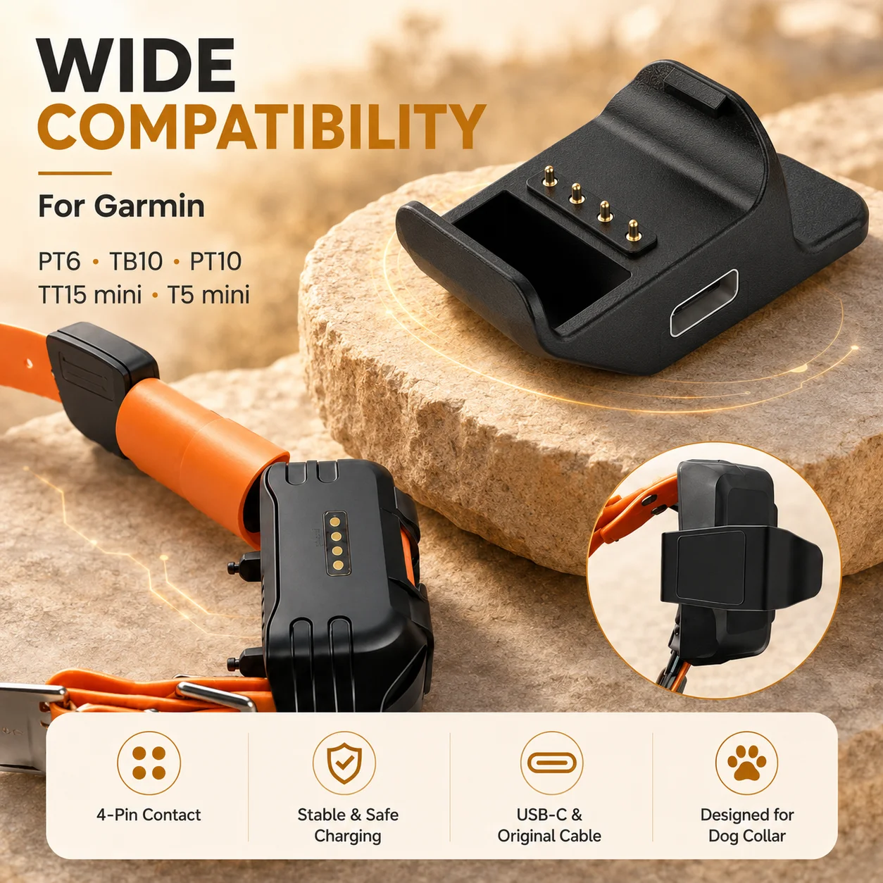 Type-C Charger Dock For Garmin Pet Tracking Collar PT10 TB10 TT15 Mini T5 Mini PT6 Charging Adapter 5-Pin Charging Base