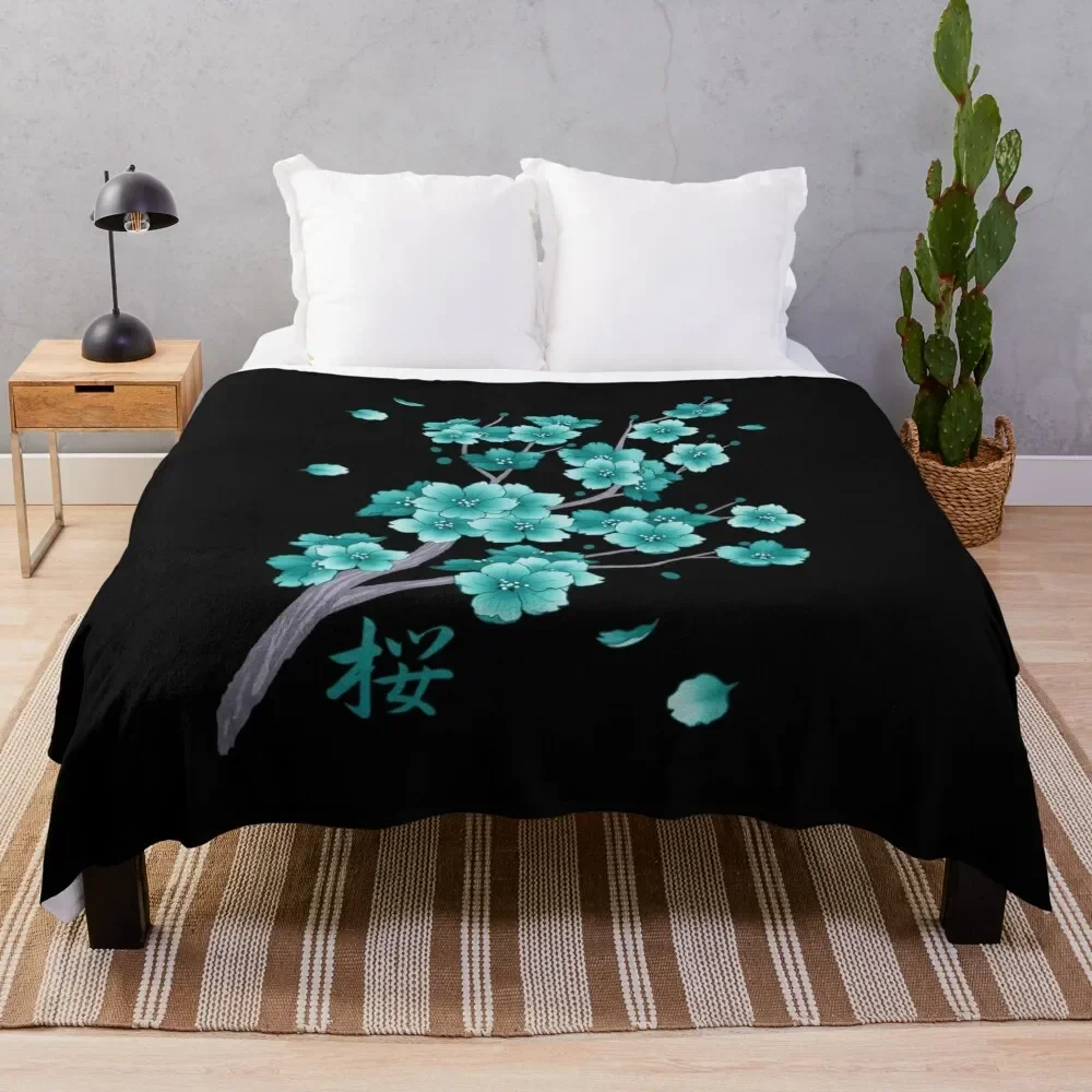 

Falling teal blue Sakura Cherry Blossom on black Throw Blanket Decoratives Giant Sofa Bed Blankets