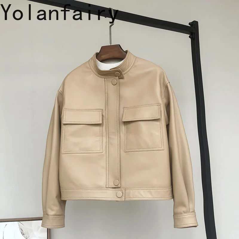 YOLANFAIRY Leder Damen Jacke Echtem Schaffell Outwears Frühling Herbst Kurze Stehkragen Motorrad Jacke Casual Mäntel Neue
