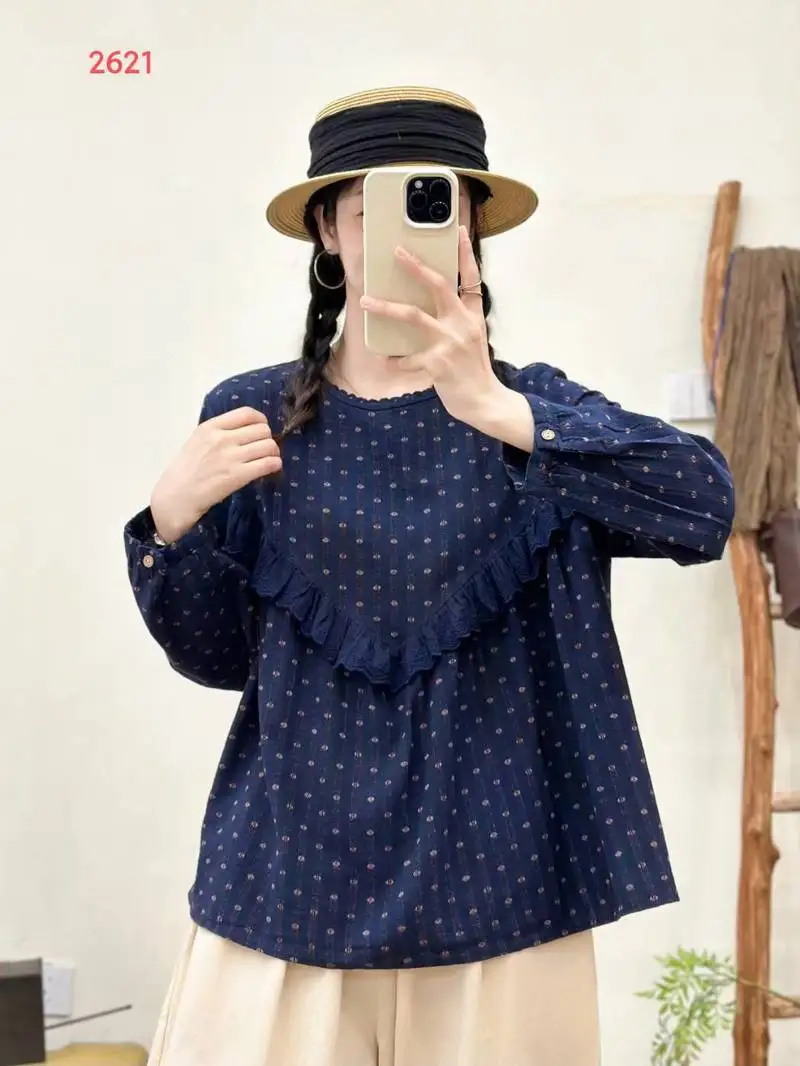 Chemise à manches longues en coton pour femmes, chemisier ample à volants, imprimé à pois, Style Preppy Mori Girl, nouvelle collection automne 2025 T5O551CC