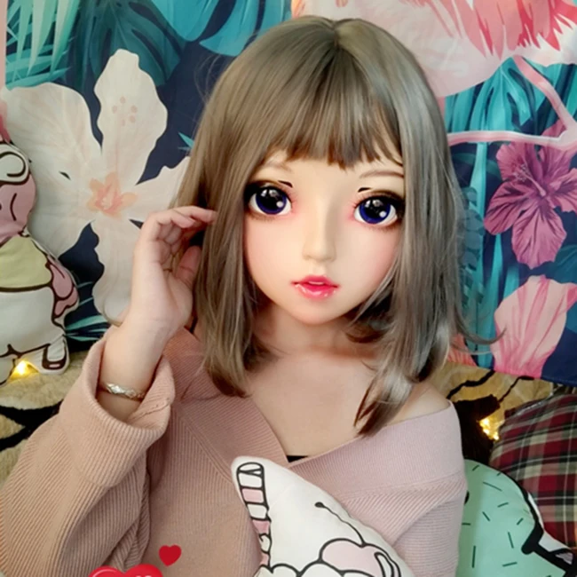 (Zhu-04)Female Sweet Girl Resin Half Head Kigurumi BJD Eyes Crossdress Cosplay Japanese Anime Role Lolita Mask With Eyes And Wig