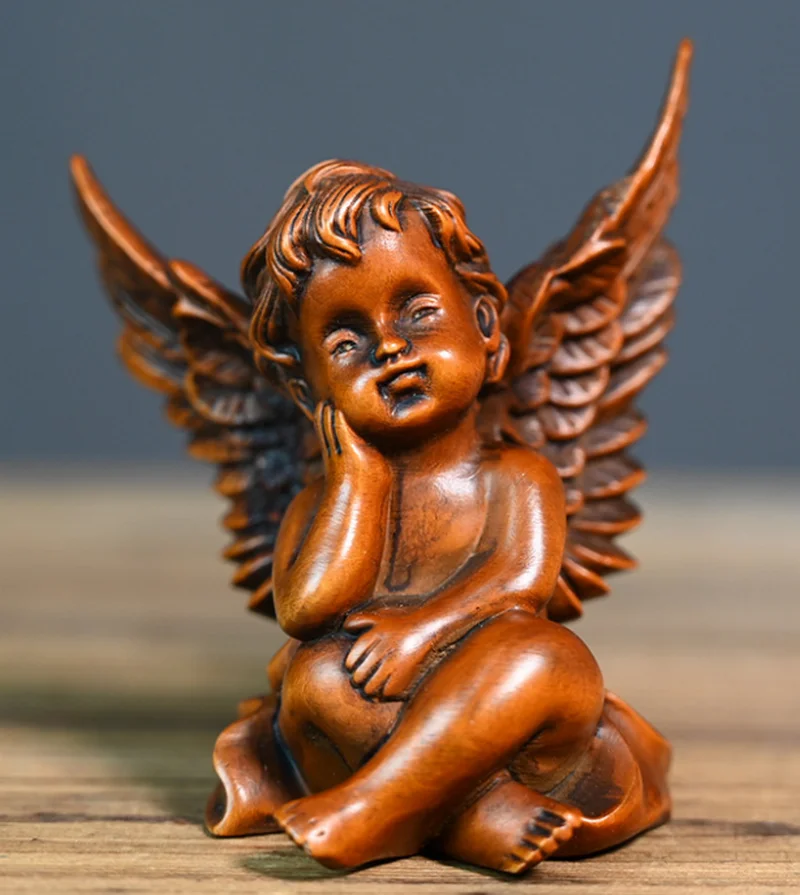 Old Boxwood Carving Angel Wings Statue Sculpture Home Table Art Gift Decor