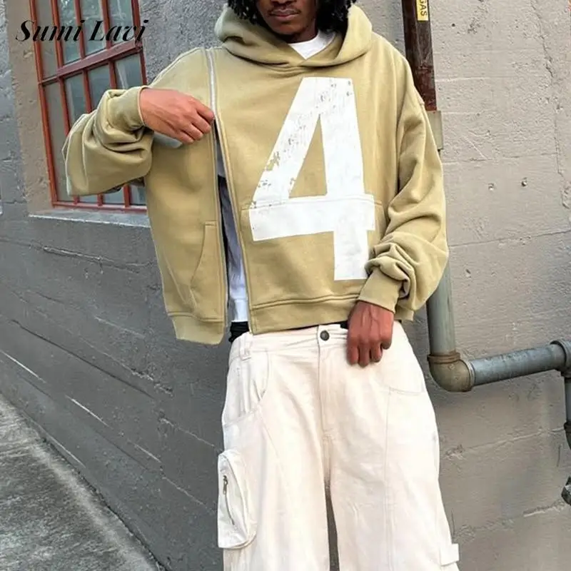 

Streetwear Fashion Mens Irregular Zipper Hoodie Spring Hip Hop Loose Long Sleeve Hoodies Y2K Graphic Printed Hooded Sweatshirts
