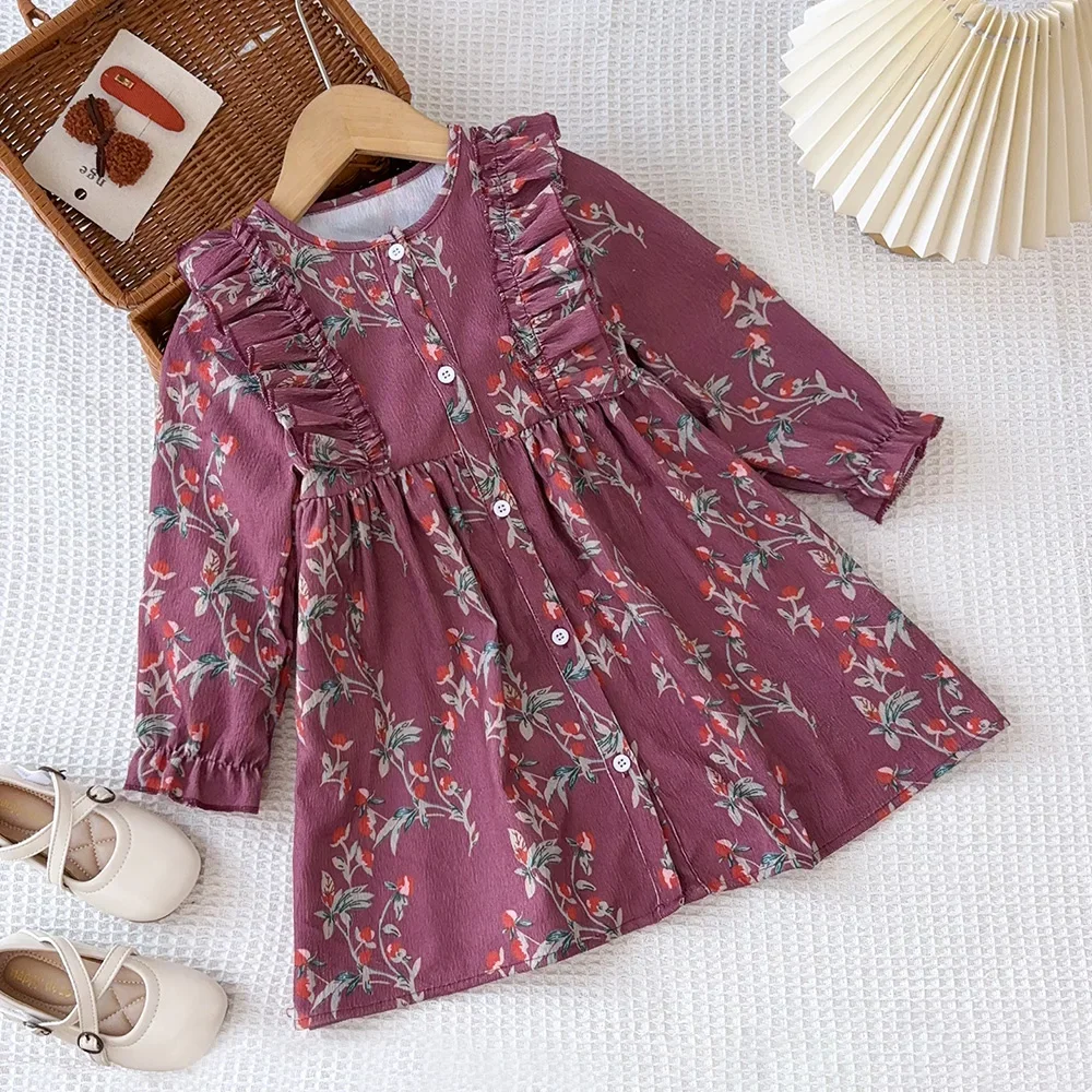 Bear Leader 3-7 Jahre Herbst Neue Lila Blumendruck Mädchen Freizeitkleider Modische Einreiher Langarm Kinderkleid – Detail 1