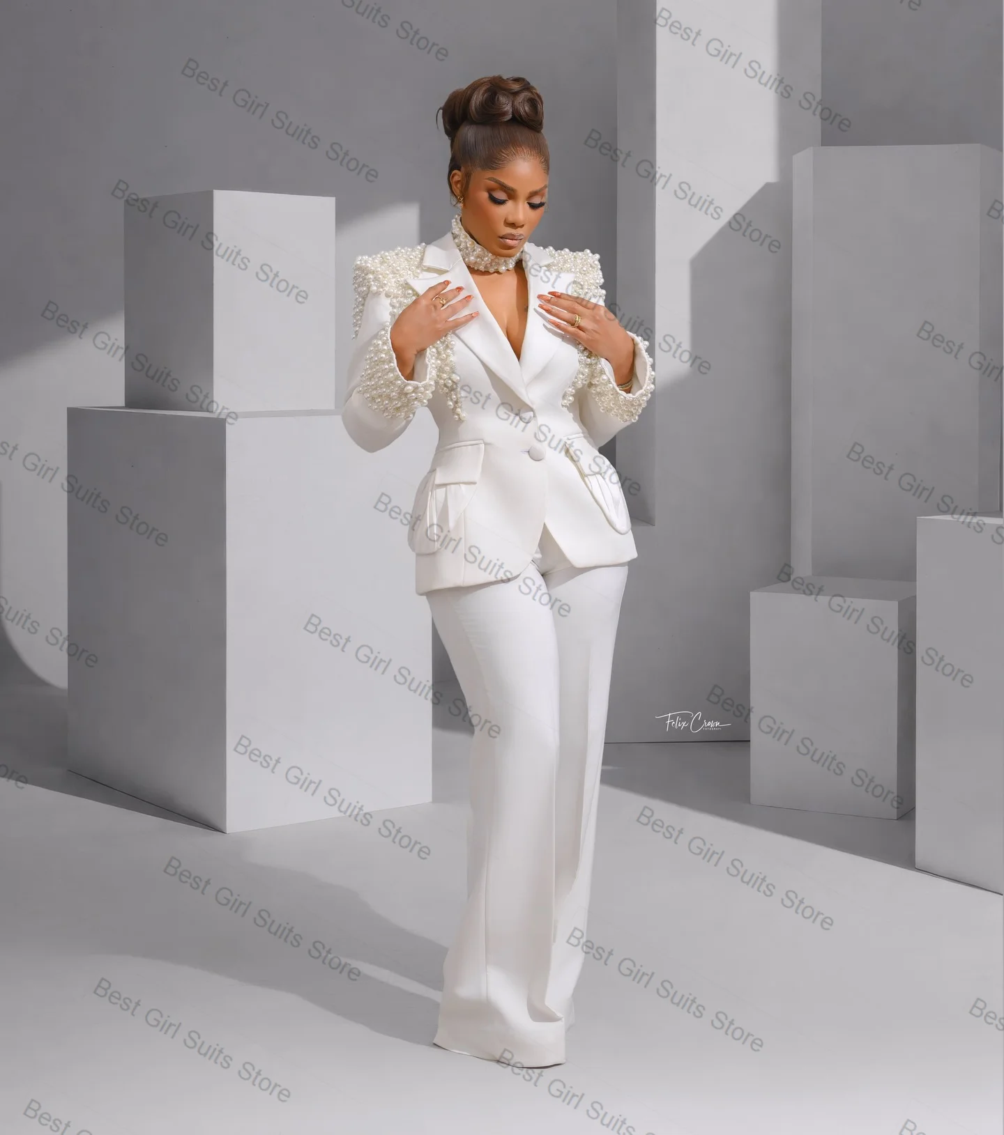 パールホワイト女性スーツセット 2 ピースブレザー + パンツズボンフォーマルビジネスオフィスレディジャケットカスタマイズされたプロム結婚式コート衣装