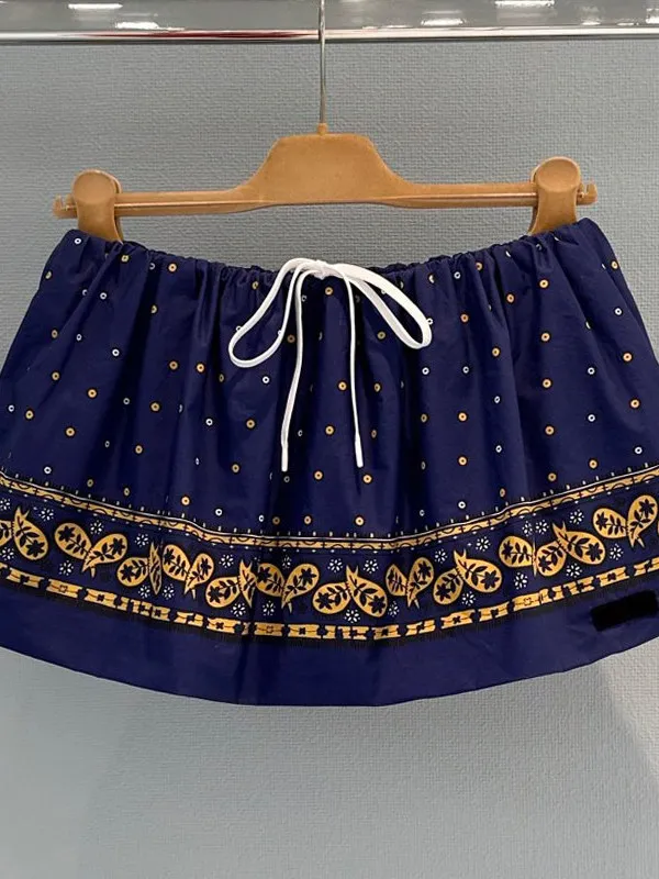 Printed Half Skirt Women's Fashionable A-Line Skirt Drawstring Elastic Waist Commute Friendly Versatile Short Skirt
