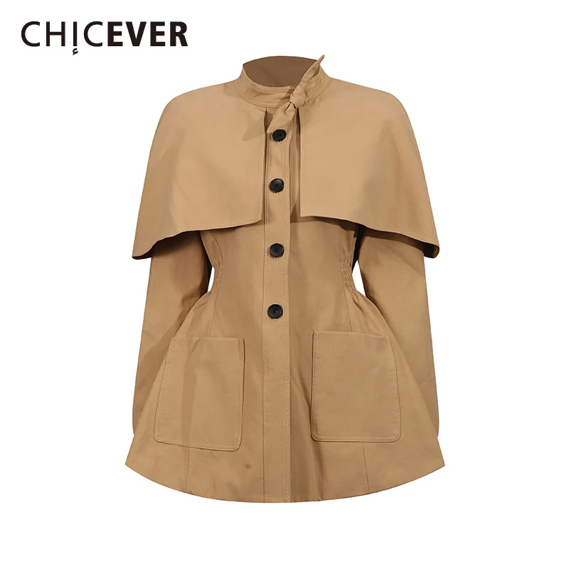 

CHICEVER Khaki Spliced Shawl Chic Jacket Female Stand Collar Long Sleeve Loose Vintage Korean Women's Jackets Autumn Fashion New