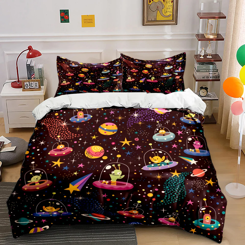 

Cartoon aliens spaceships and cosmic planets Print Bedding Set 1 Duvet Cover 2 Pillowcases for Adult and Children Luxury Gift