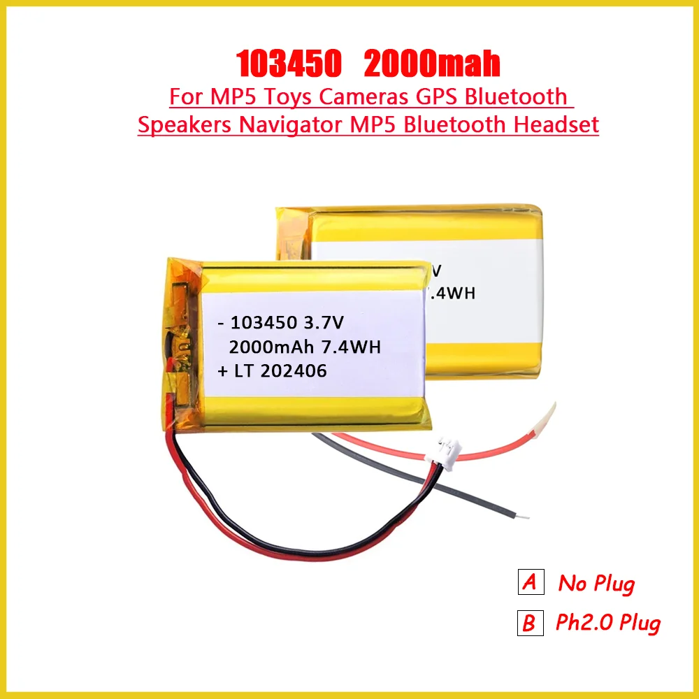 103450 2000mAh 3.7V Polymer Lithium Battery For Gps LED Light Driving Recorder Bluetooth Speaker Ps4 Controller Lipo Battery