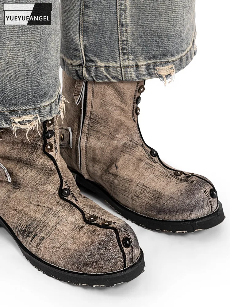 

Youth Men Handmade Cowhide Button Decoration Platform Height Increase Hard Wearing Zipper Solid Color Round Toe Leisure Boots