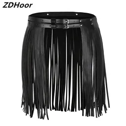 Womens Tassel Skirt Adjustable Faux Leather Waistband Fringe Belt