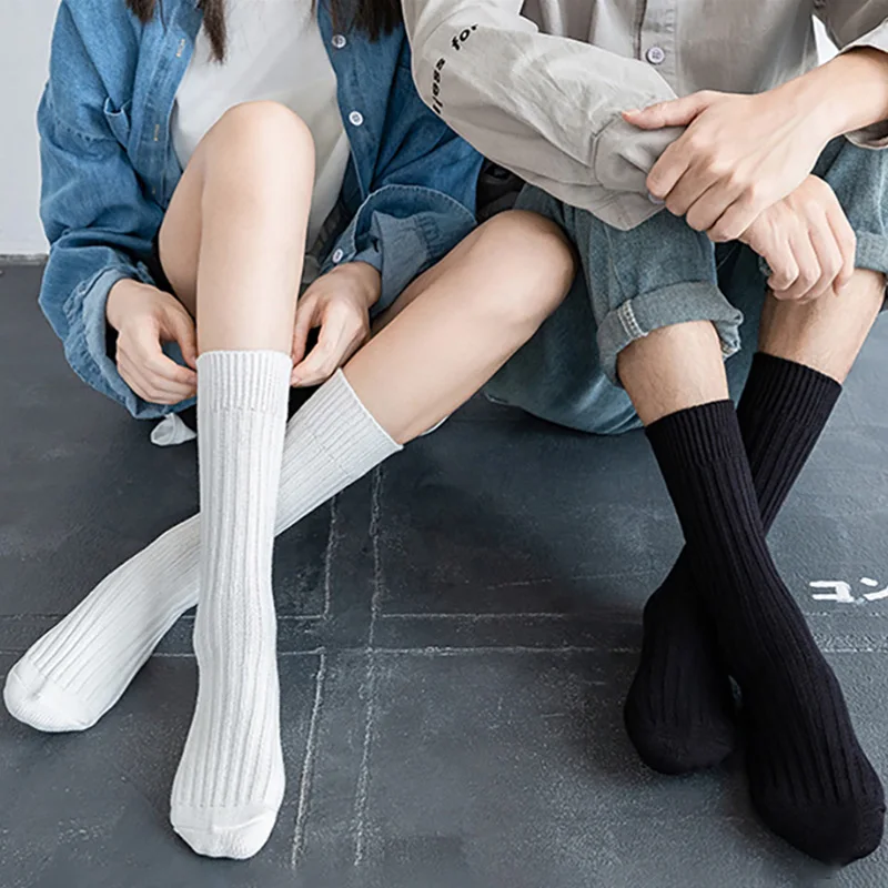 Solid Color Women Middle Tube Socks Candy Color Trend Men Socks Pure Cotton Comfort Retro Thick Lines Winter Socks