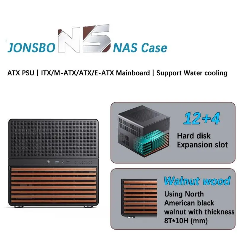 Top N5 NAS Case supports ITX/M-ATX/ATX/E-ATX motherboards ATX PSU Use North American walnut solid wood supports Water cooling