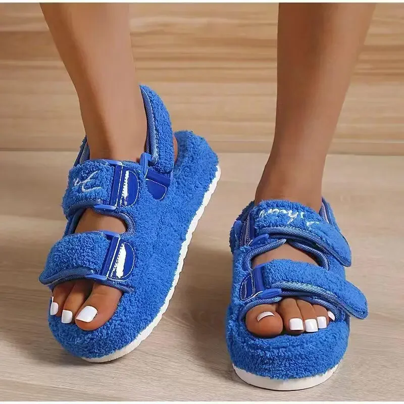 2023 Plush Sandals for Women Fashion Platform Shoes Retro Flat Fluffy Furry Casual Shoes Female Light Round Toe Sandalias