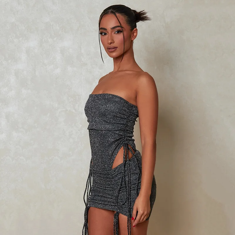 ชุดเซ็ตสองชิ้นแฟชั่นฤดูใบไม้ผลิ 2023 ชุดเดรสเข้ารูปผูกเชือกแบบเซ็กซี่