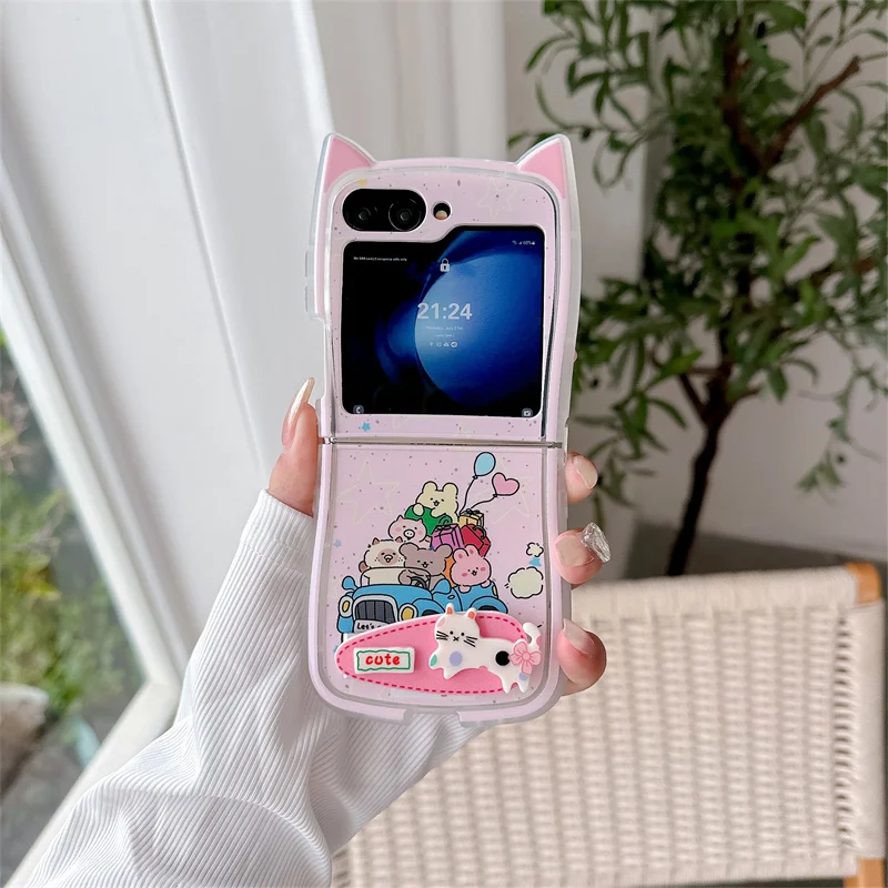 Phone Case For Samsung Galaxy Z Flip 6 5 4 3 ZFlip6 Z Flip6 ZFlip 6 Cute Driving Cat Wristband Cat Ears Shockproof Cover