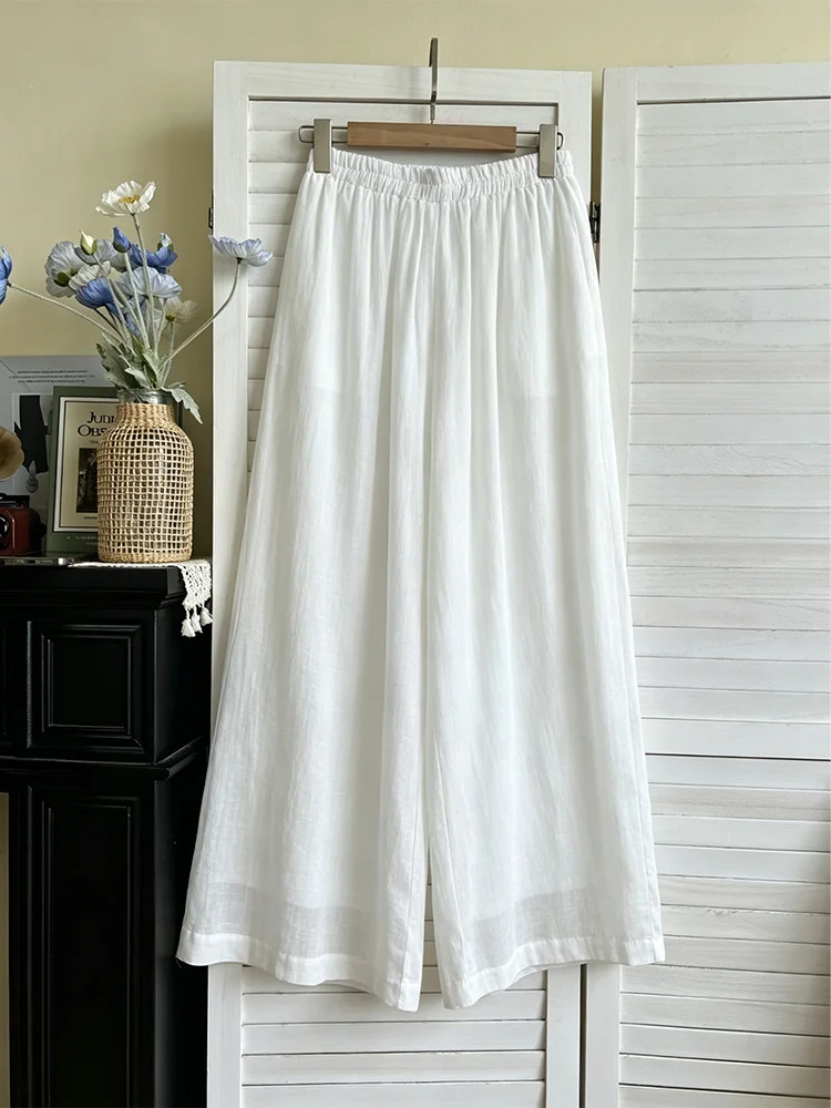 

Lightweight Casual White Nine-Piece Wide Leg Pants Artistic Style Mid-High Waist Elastic Fabric Cotton 100% Daily Use