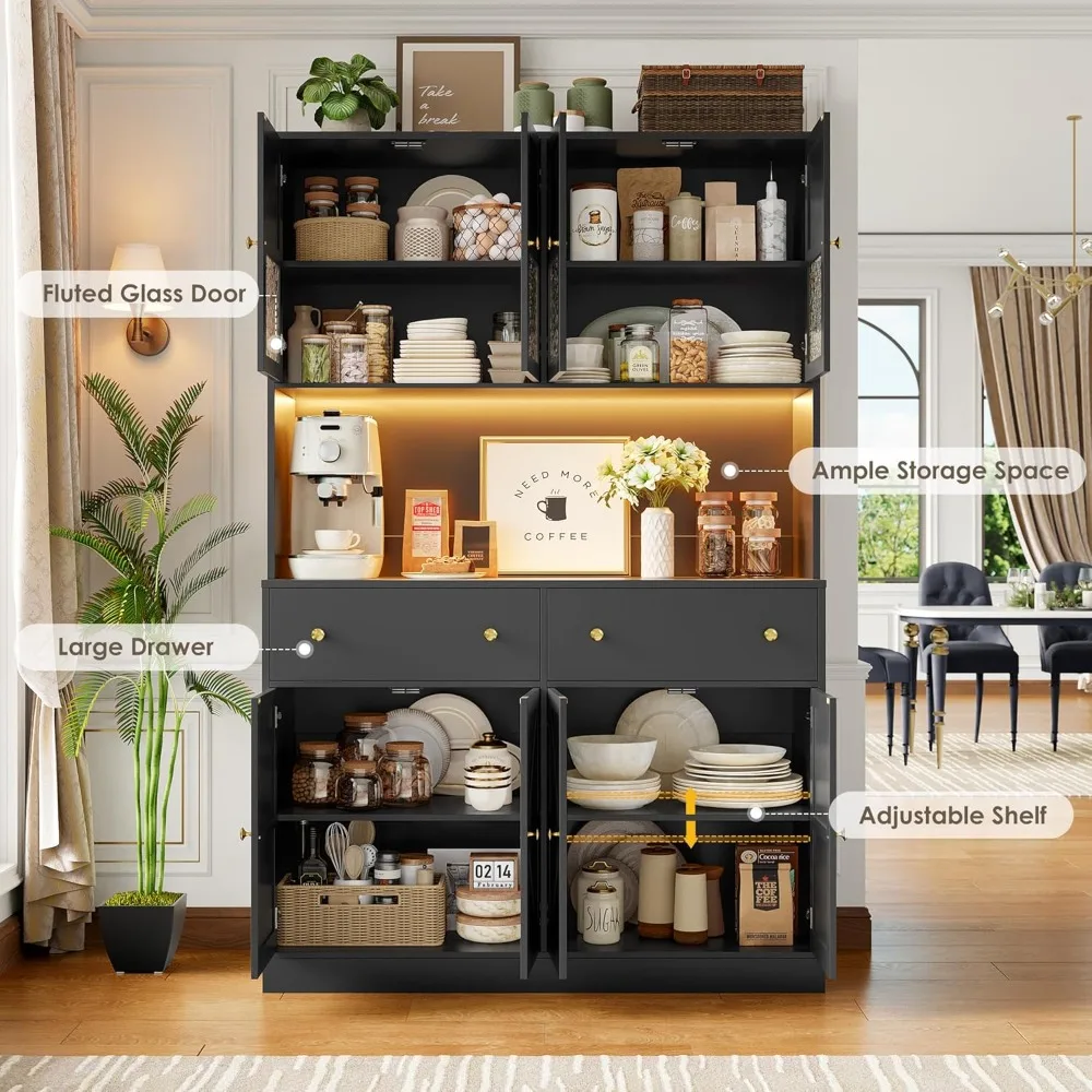 71 Inch Pantry with LED Light and Charging Station, Farmhouse Kitchen Pantry with Microwave Mount, 47.2 Inch Wide Kitchen Pantry