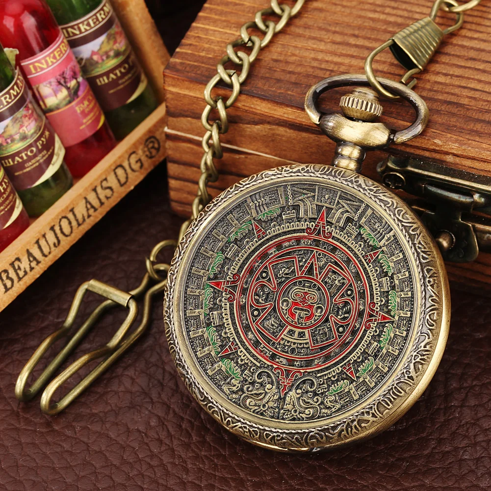 Calendario azteco maya arte profilassi cultura rilievo modello bronzo quarzo orologio da tasca collana catena Fob orologio elegante Vintage