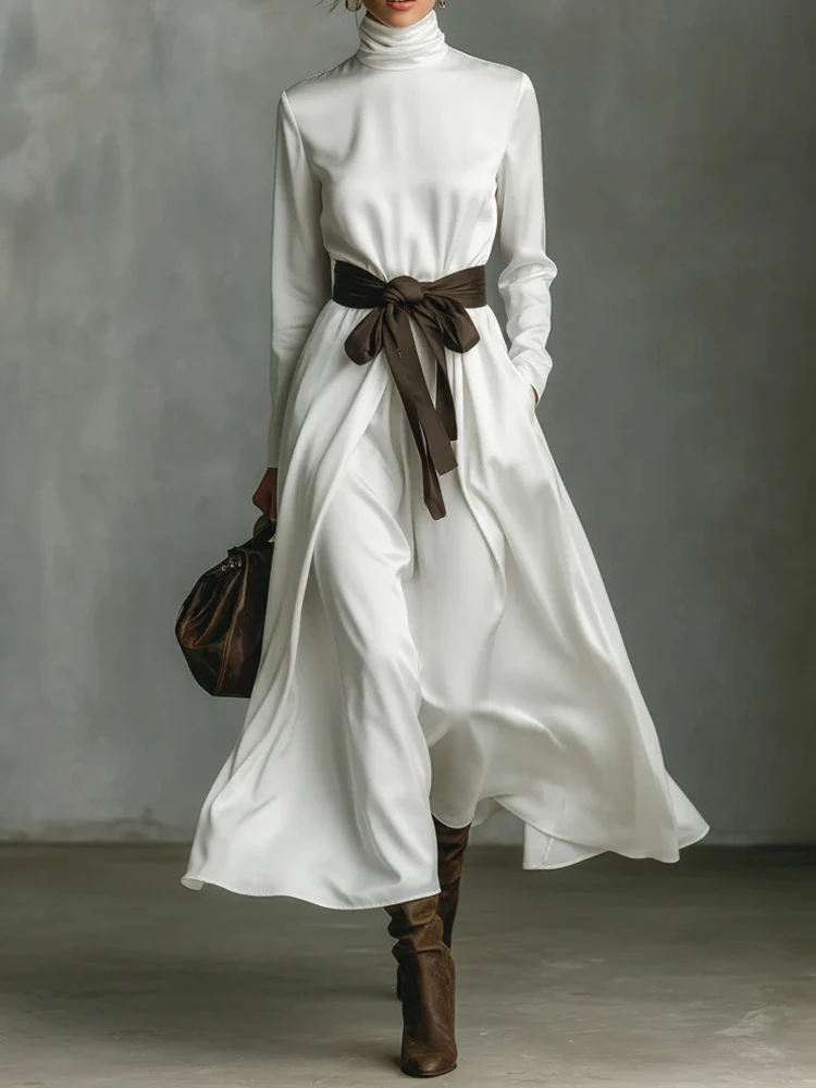 Vestidos Plissados com Amarração na Primavera, Vestido de Noite Elegante com Gola Alta e Manga Longa, Vestido Maxi em Cetim com Cores Contrastantes