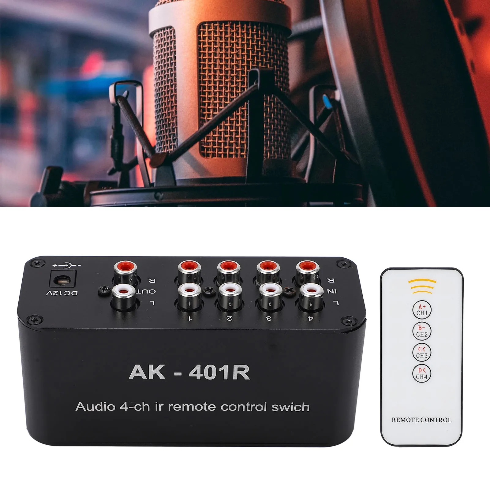 Interruptor de áudio 1 entrada estéreo rca 4 interfaces de saída estéreo rca múltiplas fontes de áudio podem ser conectadas interruptor de sinal de áudio