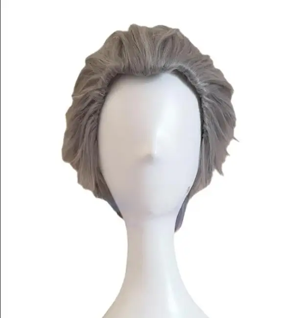 Peluca de Cosplay de Vergil, pelo corto plateado peinado hacia atrás, resistente al calor, disfraces de Cosplay, pelucas de pelo para Halloween