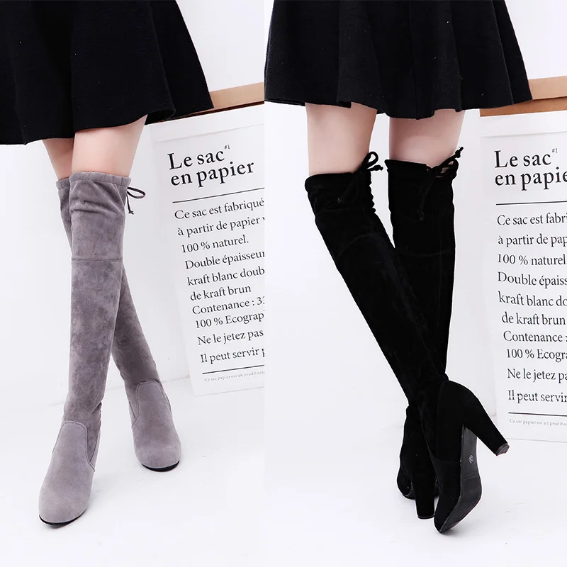 Women Boot Faux Suede Over The Knee Boots Lace Up Sexy High Heels Shoes Woman Female Slim Thigh Botas 35-43  Thigh High Boots