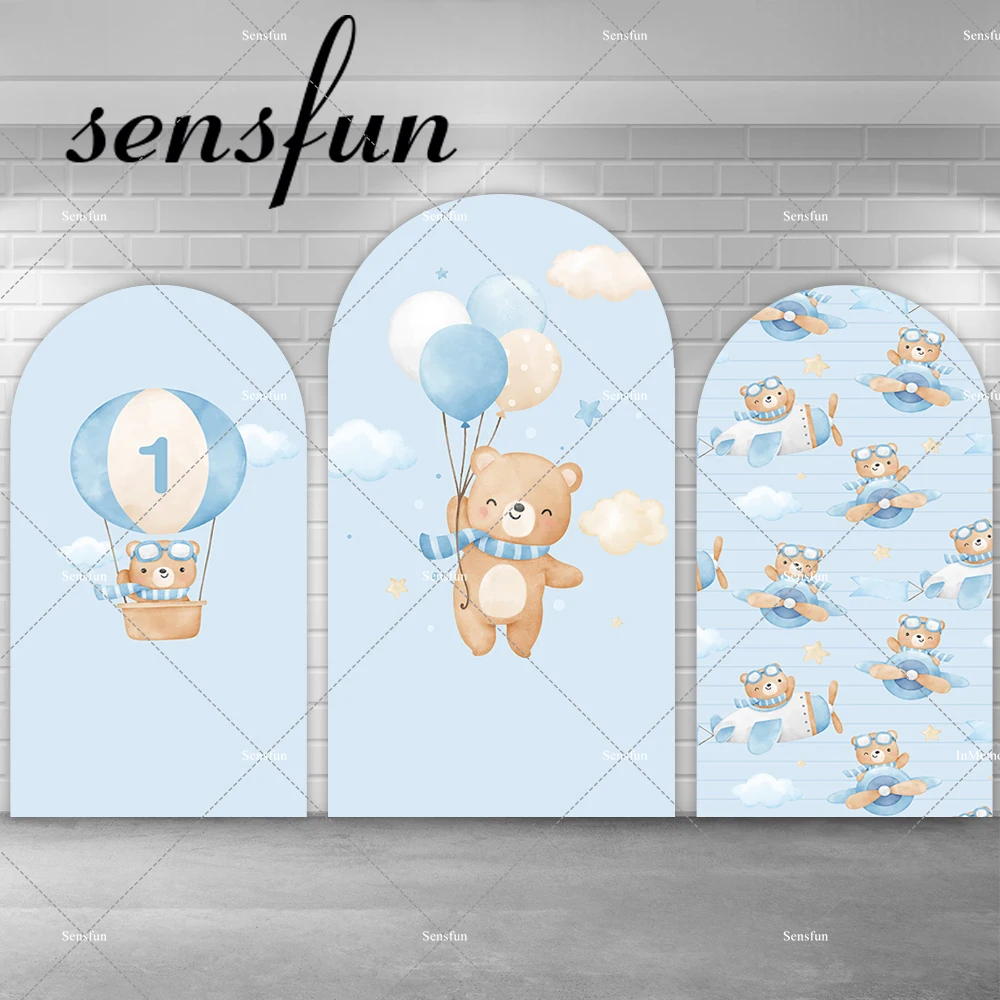 

Sky Blue Clouds Boys Baby Shower 1st Birthday Party Arch Backdrop Bear Pilot Airplane Theme Photography Backgrounds Supplier