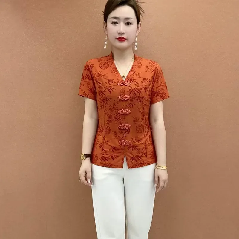 

Женская блузка в китайском стиле с принтом и пуговицами-лягушками, летний топ с коротким рукавом для мам