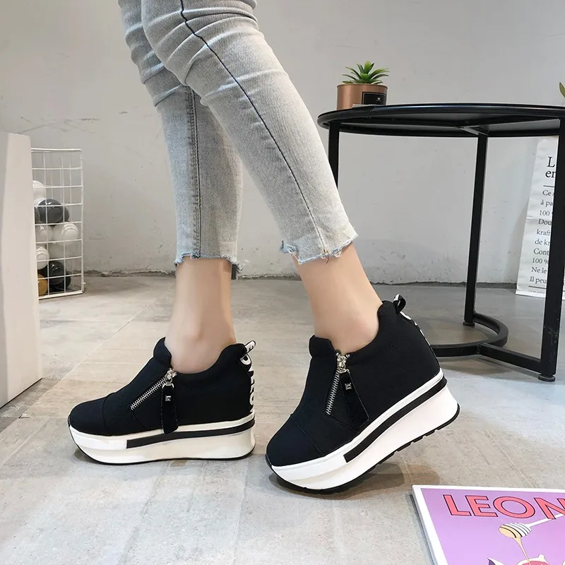 Scarpe da donna con zeppa alla caviglia con plateau scarpe con fondo spesso slip on cerniera moda casual scarpe da ginnastica femminili scarpe