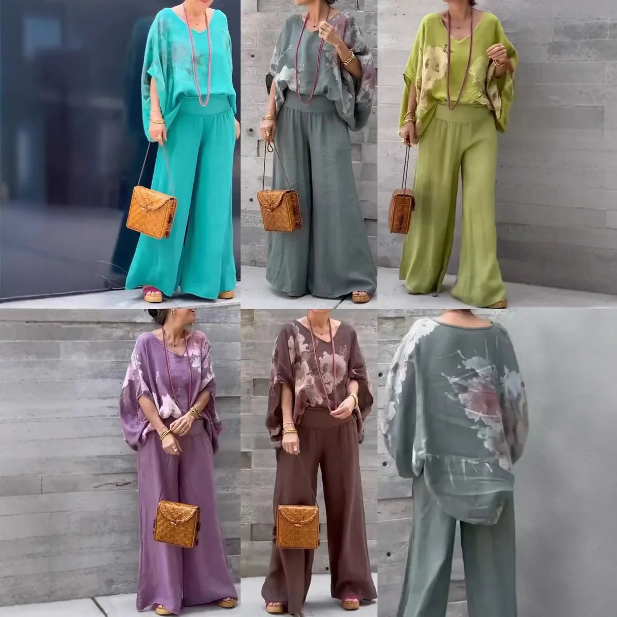 

Vintage Casual Floral Print Batwing Sleeve Top & Wide Leg Pants Set for Women Loose Pullover Outfit Office Lady Streetwear