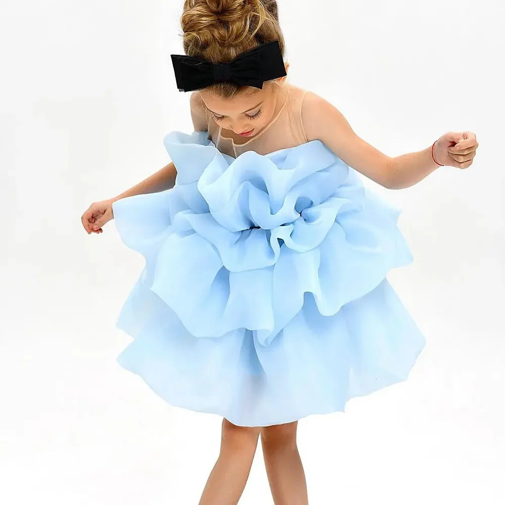 Cute Flower Girl Dress Sleeveless Puffy Knee Length For Wedding Sky Blue Elegany Kids Birthday Party First Communion Ball Gowns