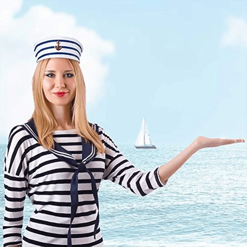 Blue striped sailor hat white striped sailor navy hat captain role-playing party yacht party hats,6-piece set