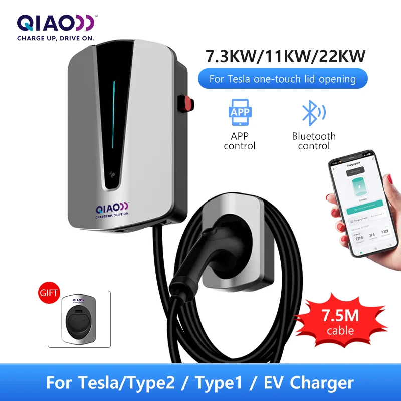 QIAO Level 2 EV Charger 7.5m Cable 7.3KW 11KW 22KW Wifi Bluetooth APP Connection Home Electric Vehicle Charging Station