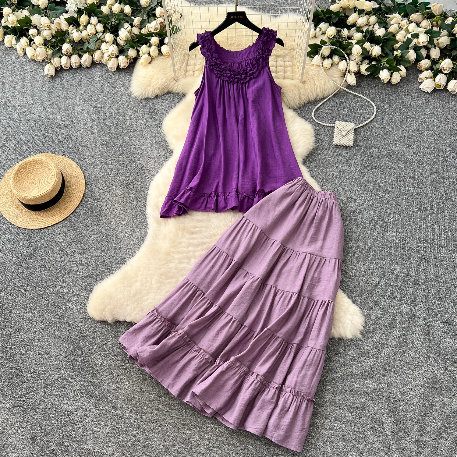 

Шикарное винтажное свободное плиссированное платье без рукавов, элегантное сказочное корейское модное платье, женская одежда, длинное платье, комплект из двух предметов