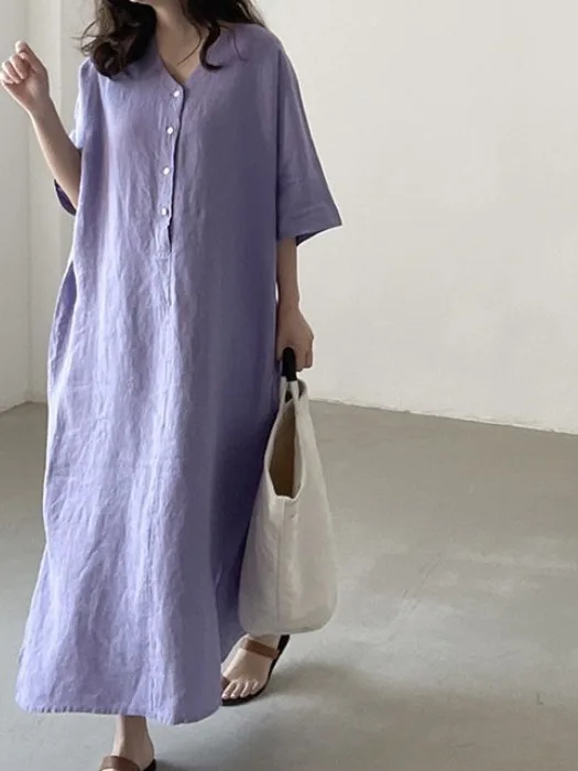 Summer New Loose Short Sleeve Midi Cotton Linen Shirt Dress Women's Simple Style Casual V-neck Straight H-type Dress