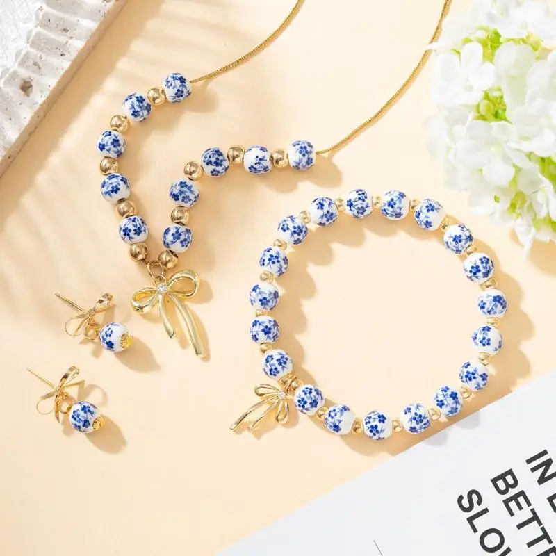 Elastic Blue White Porcelain Bracelet for Women Vintage Metal Beads Handmade Gift for Friends Unique Style