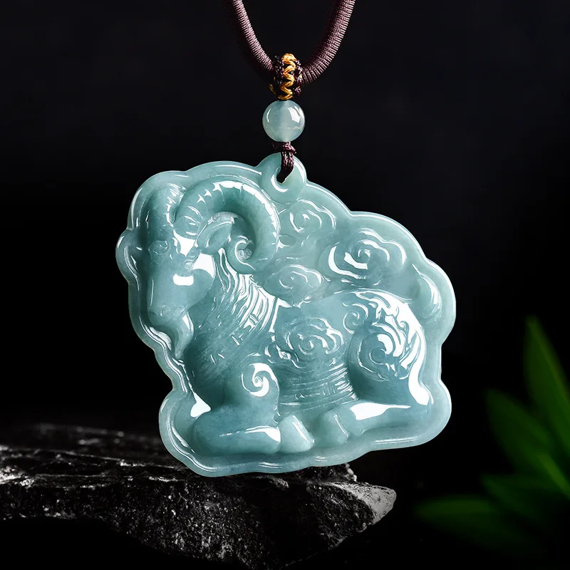 Natural A-Grade Blue Water Jade Zodiac Sheep Pendant Men's & Women's Auspicious Cloud-Carrying Design Ice Jadeite Jewelry
