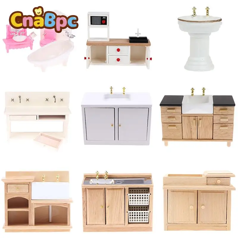 1:12 Dollhouse Bathroom Kitchen Simulation Washbasin Cabinet Bathtub Wash Basin Toilet Kitchen Sink Matching Model Furniture Toy